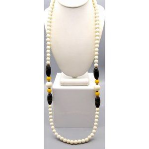 Long Retro Beaded Strand Necklace, Vintage White and Yellow Lucite with Oblong